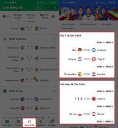 giao diện app xem lịch bóng đá euro